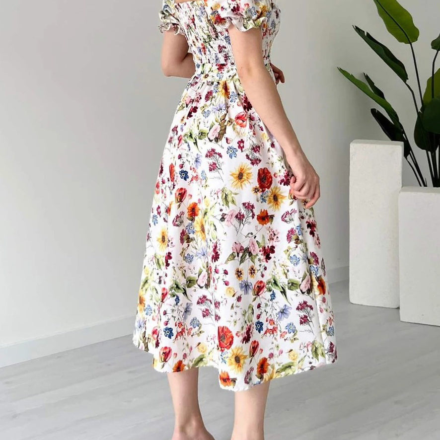 Casual puff sleeve floral A-line dress with square neckline on white background