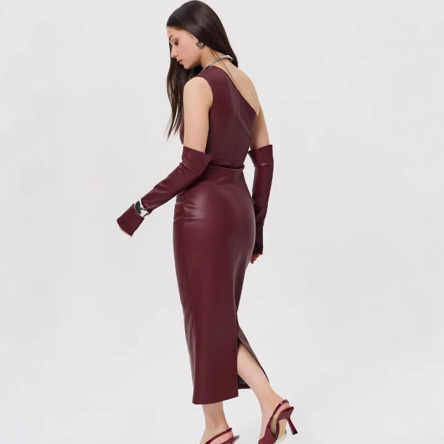 Burgundy leather-look midi dress with side slit and arm warmers for stylish fashion ملابس