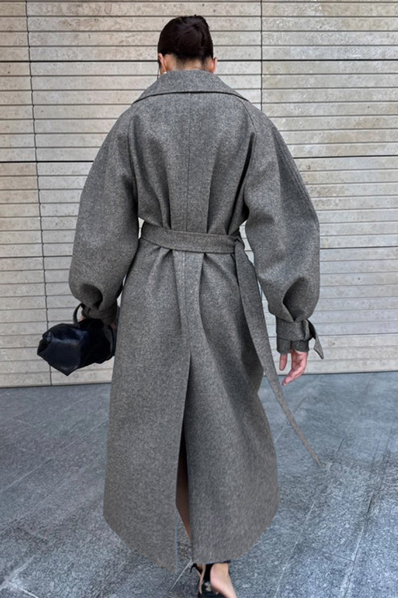 Langry fashion winter lace-up baggy woolen coat with belt and collar