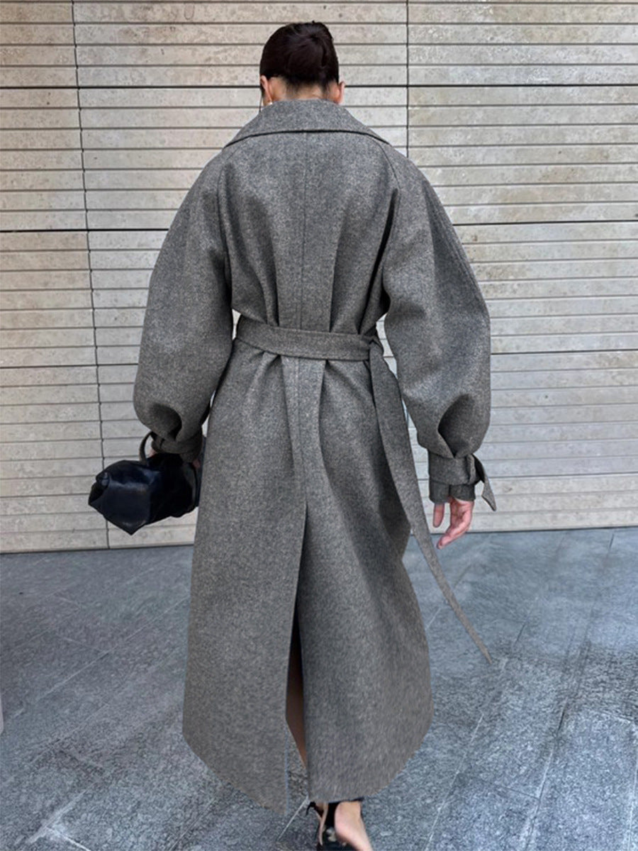Langry fashion winter lace-up baggy woolen coat with belt and collar