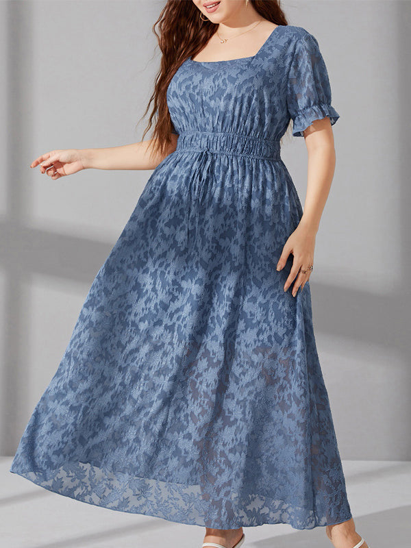 Elegant long plus-size dress with elastic waist, square neckline, and puff sleeves