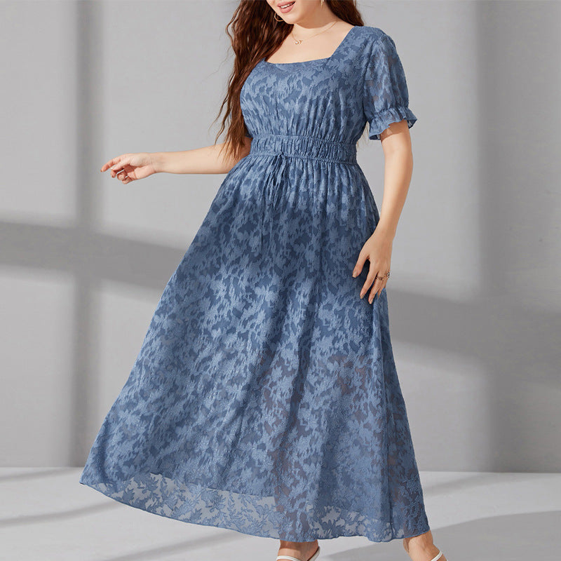 Elegant long plus-size dress with elastic waist, square neckline, and puff sleeves