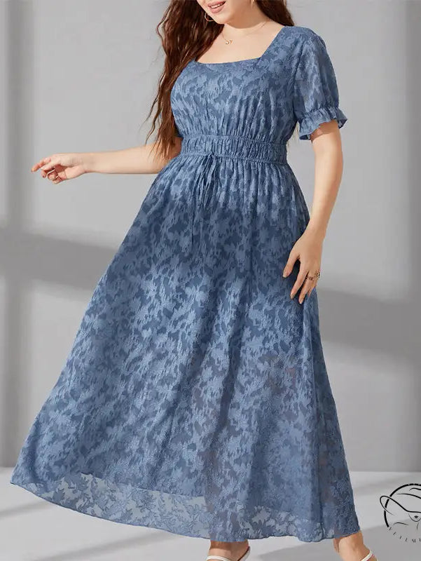 Elegant long elastic waist blue dress with square neckline and puff sleeves