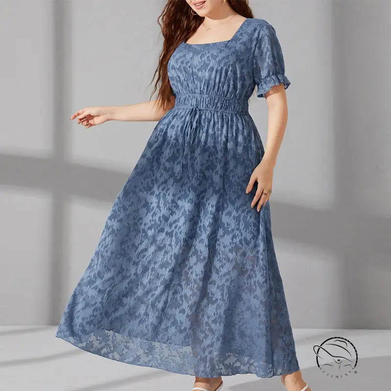 Elegant long elastic waist blue dress with square neckline and puff sleeves