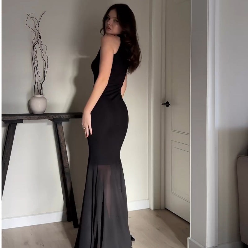 Elegant black mesh dress with sleeveless mermaid silhouette for stylish fashion wear