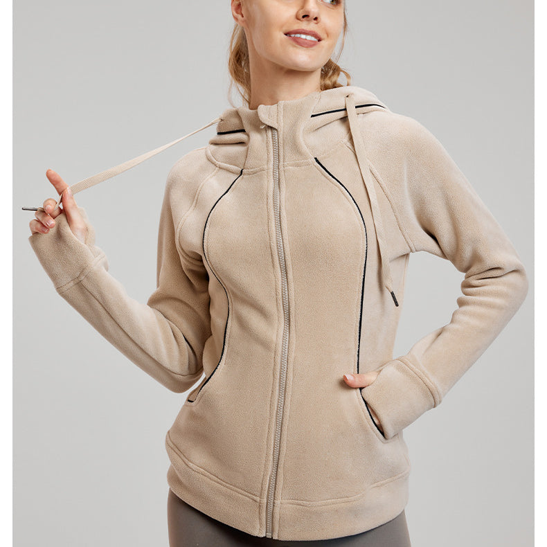 Beige zip-up athletic hoodie with pockets; perfect for thermal workout fashion ملابس