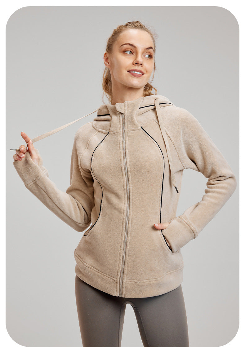 Beige zip-up athletic hoodie with pockets; perfect for thermal workout fashion ملابس