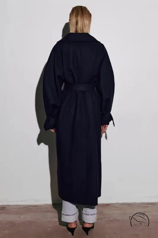 Navy blue belted trench coat in langry fashion ملابس style