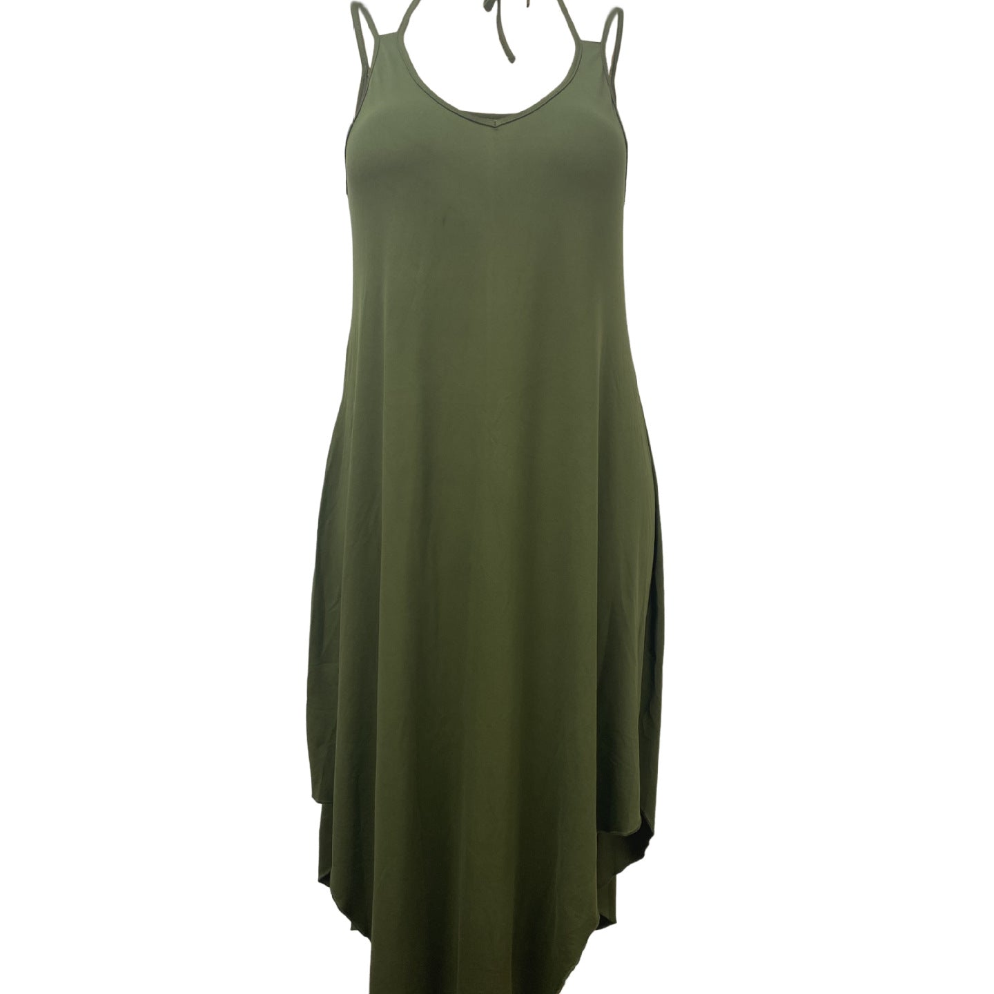 Olive green vacation casual halter midi dress with high-low hem and spaghetti straps