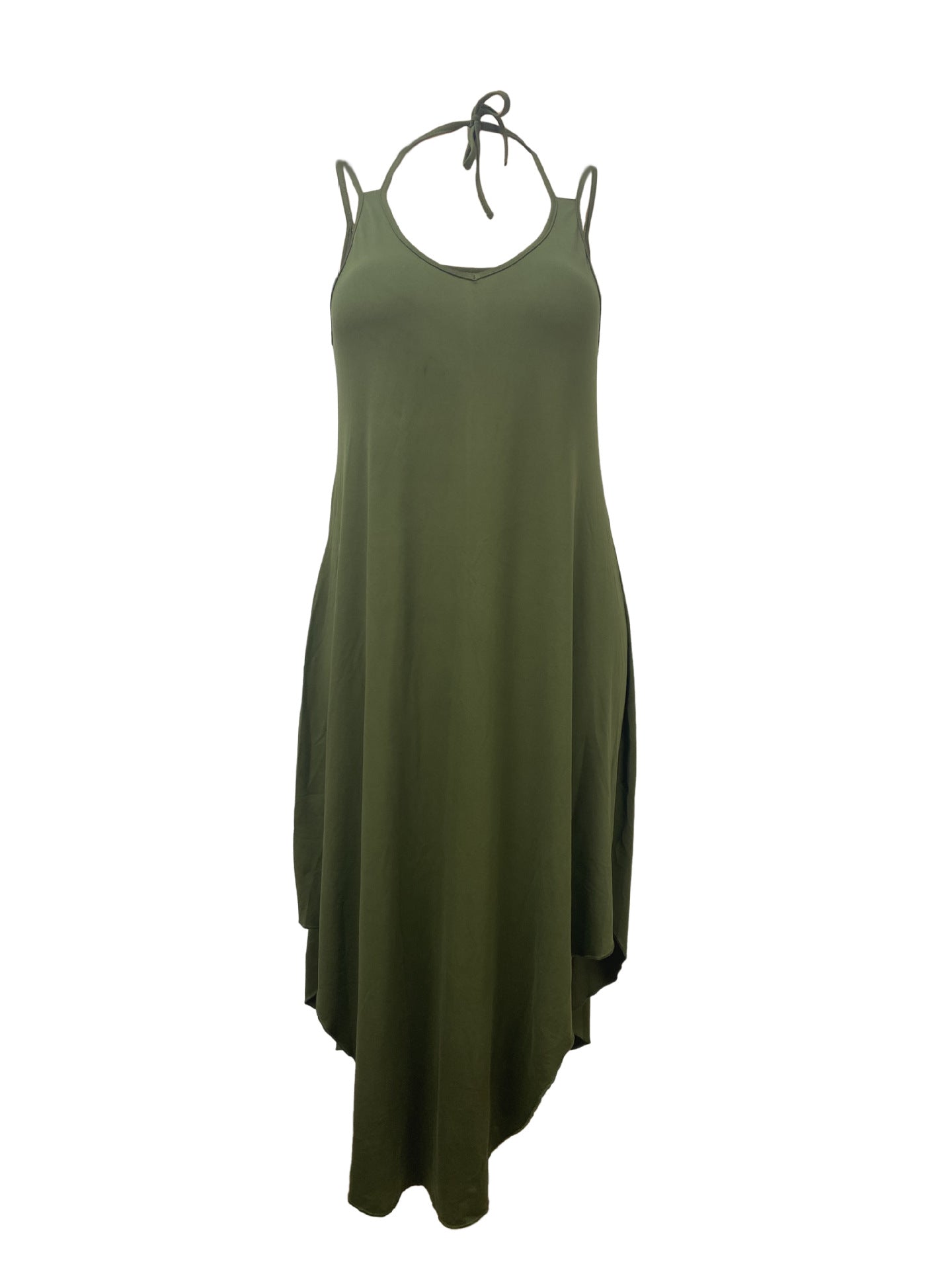 Olive green vacation casual halter midi dress with high-low hem and spaghetti straps
