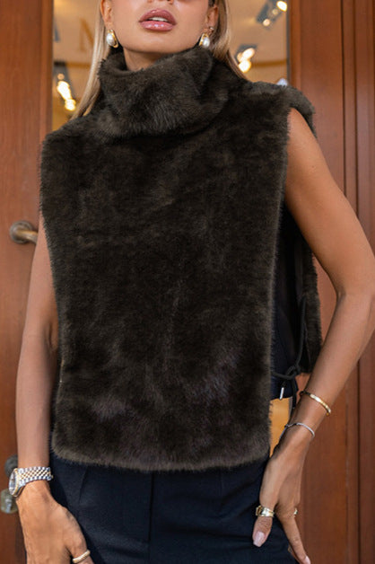 Langry dark brown faux fur sleeveless vest with high collar, fashion top