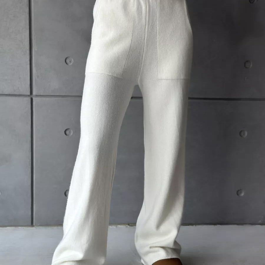 Cream-colored knit pants featured in High Collar Zipper Knitted Sweater Suit for stylish fashion ملابس