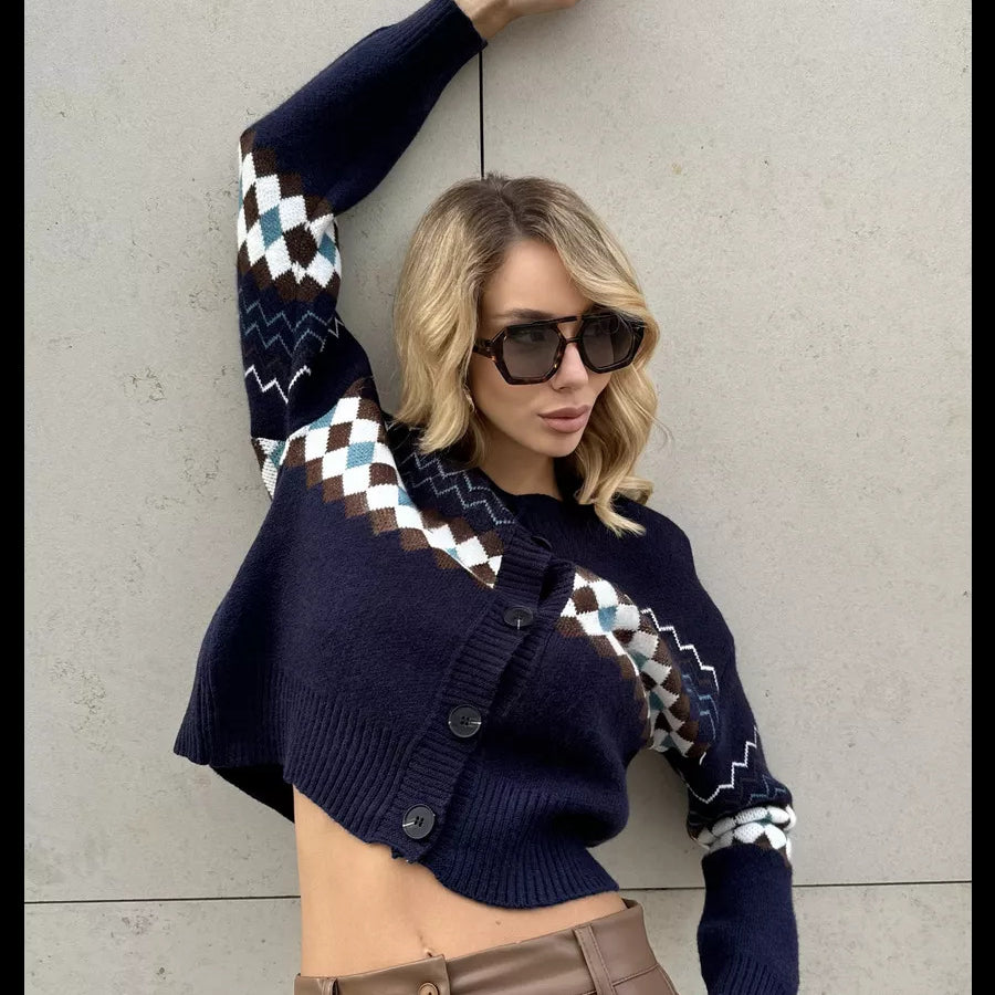 Cropped navy jacquard knitted cardigan sweater with patterned trim and regular sleeves, fashionable style