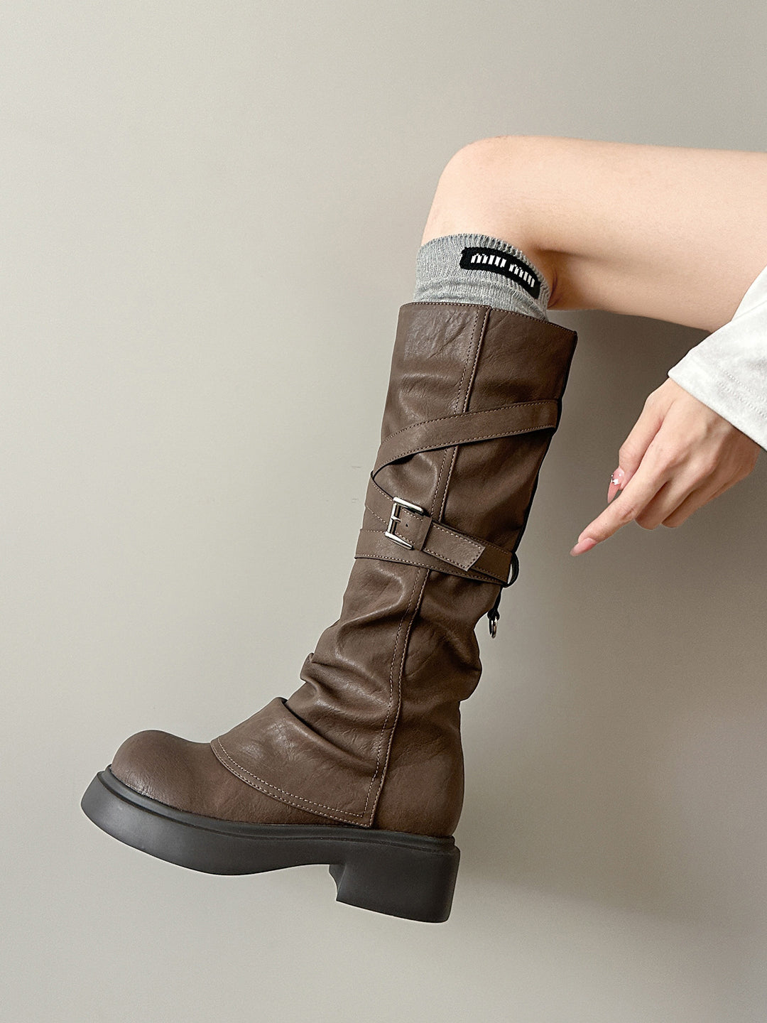 Waste Soil Brown Wrinkle High Tube Pile Long Boots