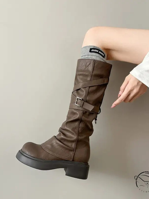 Waste Soil Brown Wrinkle High Tube Pile Long Boots