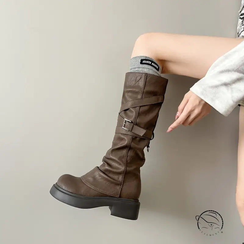 Waste Soil Brown Wrinkle High Tube Pile Long Boots