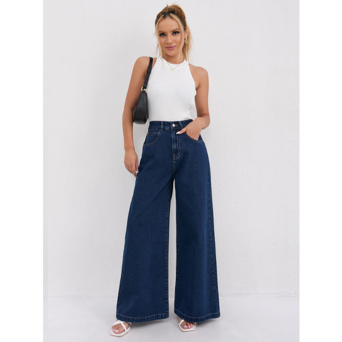 Wide leg dark blue denim jeans with a high waist, ideal for fashionable loungewear