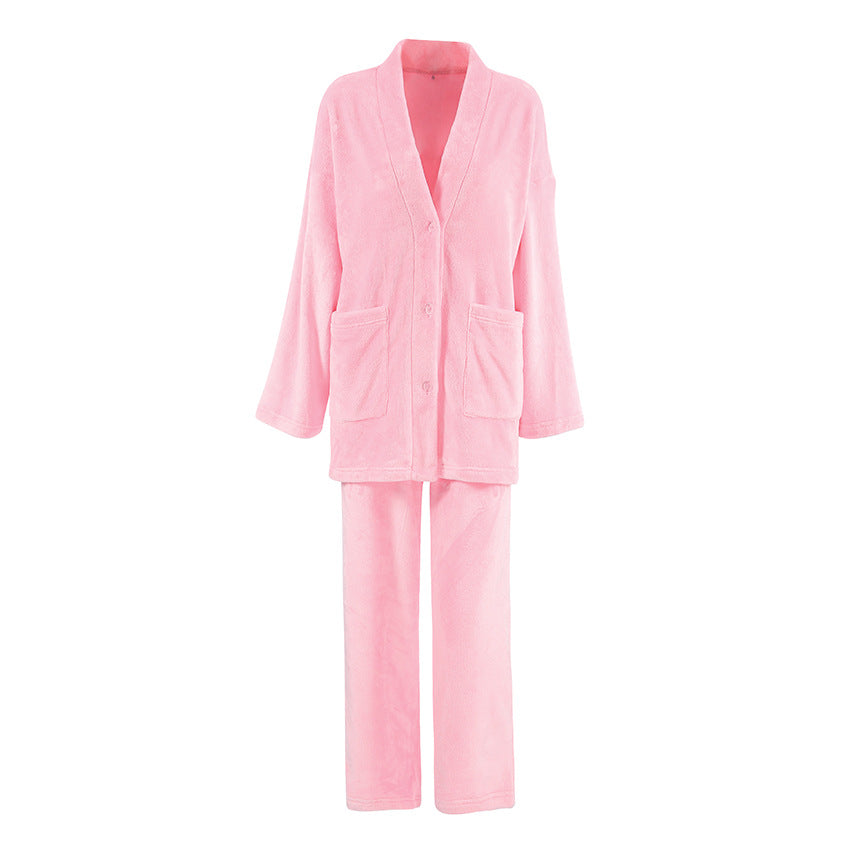 Pink plush button-up pajama set with wide-leg pants, perfect for knitting cardigan warm sleepwear