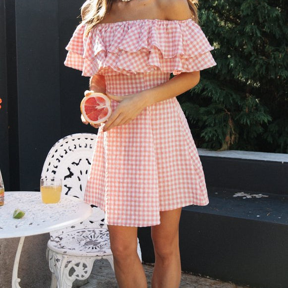 Elegant Plaid Off-shoulder Ruffled Collar Dress