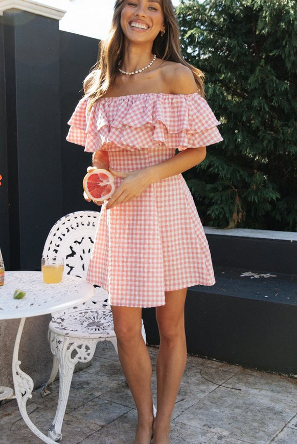 Elegant Plaid Off-shoulder Ruffled Collar Dress