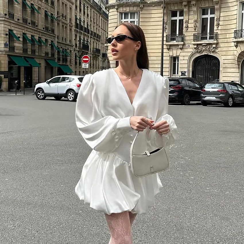 Elegant white satin mini dress with V-neck lantern sleeves for stylish casual fashion