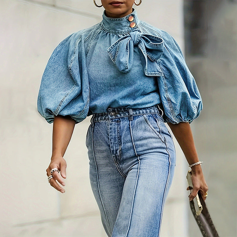 Casual Top Denim featuring a denim blouse and jeans outfit for stylish langry fashion and ملابس