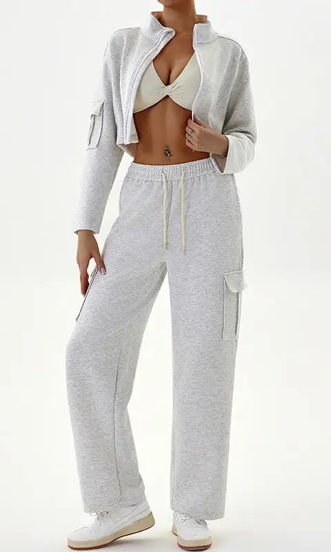 Gray crop top and cargo pants in winter workwear casual sports sets