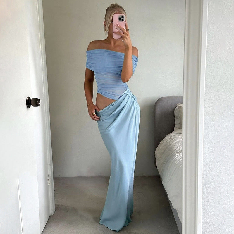 Light blue off-shoulder maxi dress with ruched detailing and side slit for elegant fashion