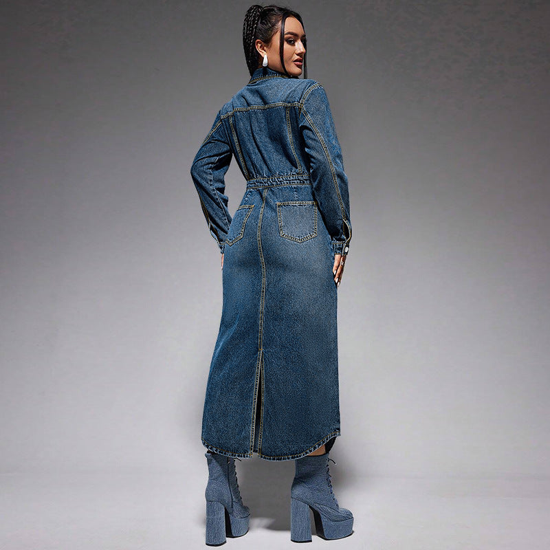 Woman modeling a split denim maxi dress with front slit and matching denim platform boots