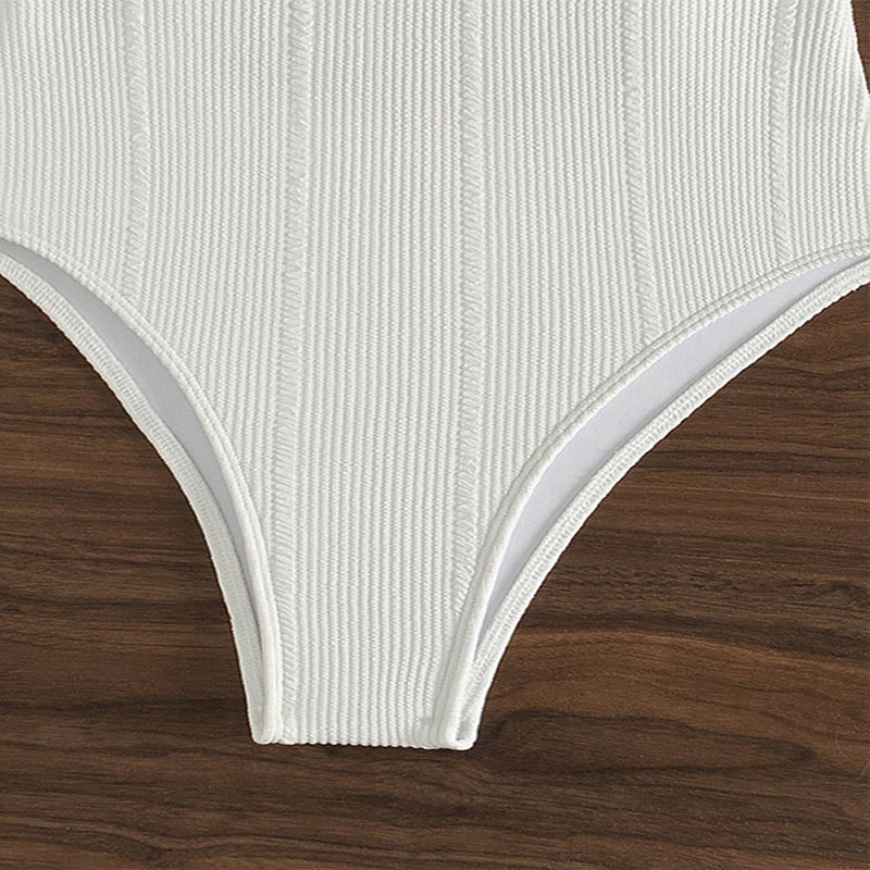 White ribbed one-piece swimsuit for women, perfect for slimming beach exercise activities