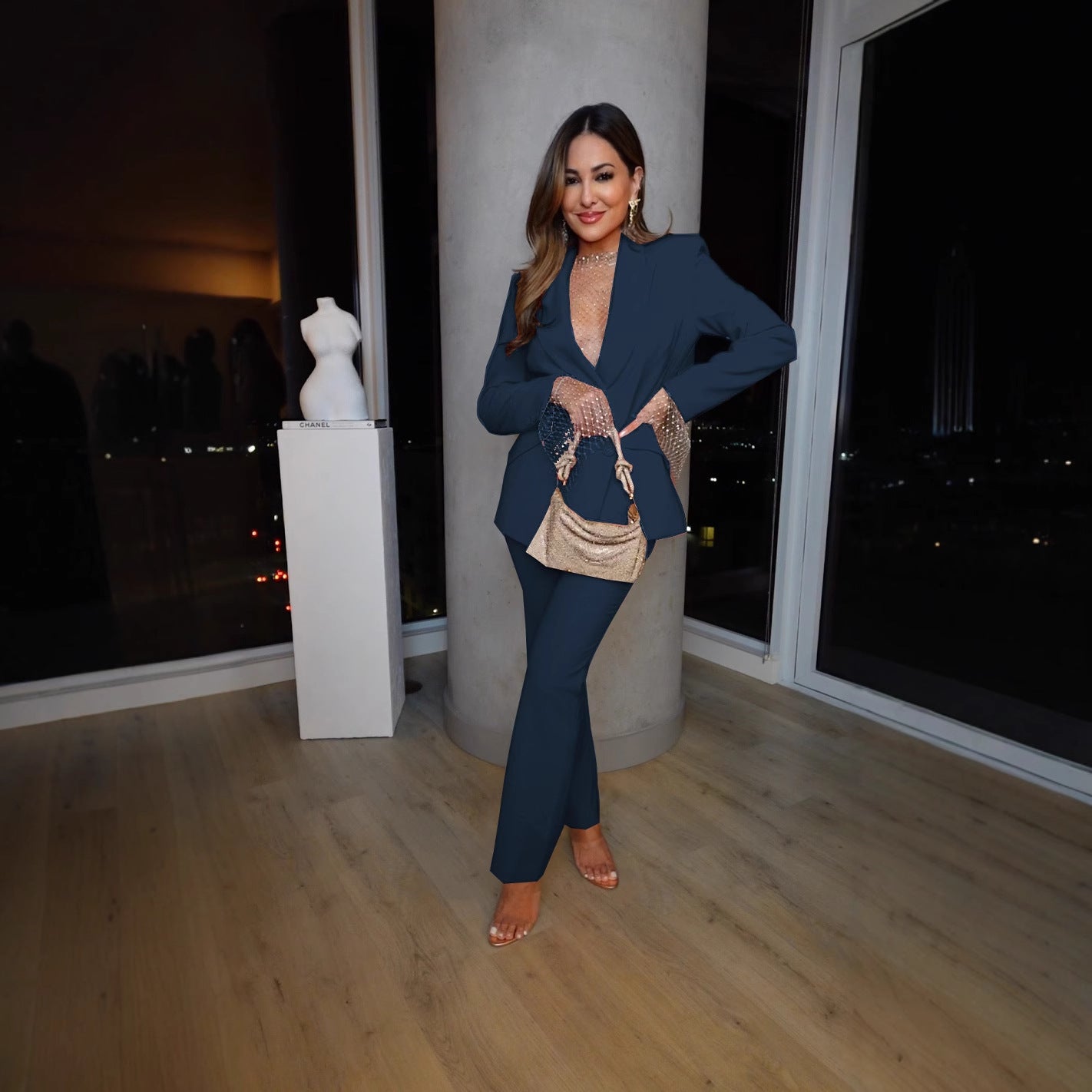 Woman in a blue suit from Casual Professional Pants Two Piece Sets showcasing elegant fashion