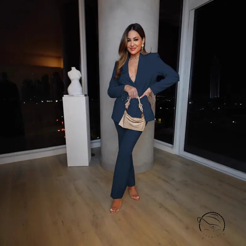 Woman in blue suit for casual professional pants two piece set