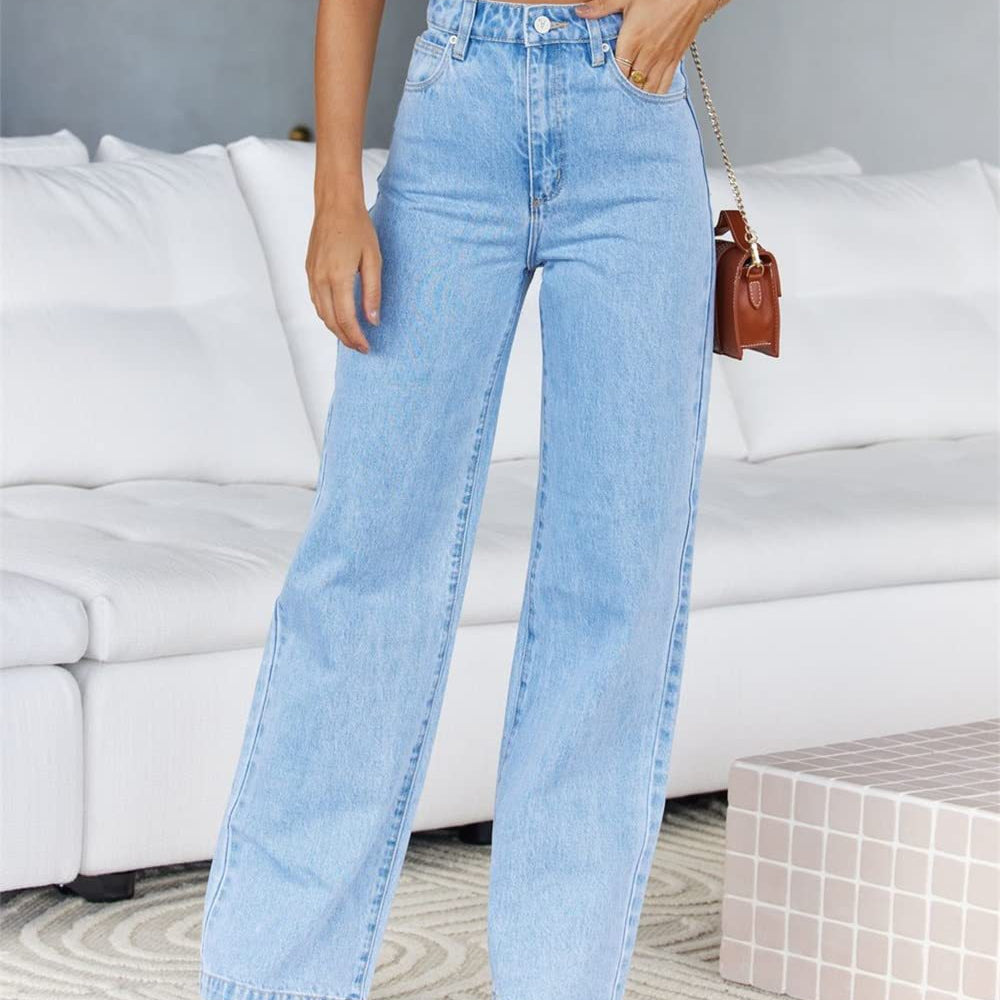 Light wash high-waisted wide-leg denim trousers for women, stylish and stretchy fashion