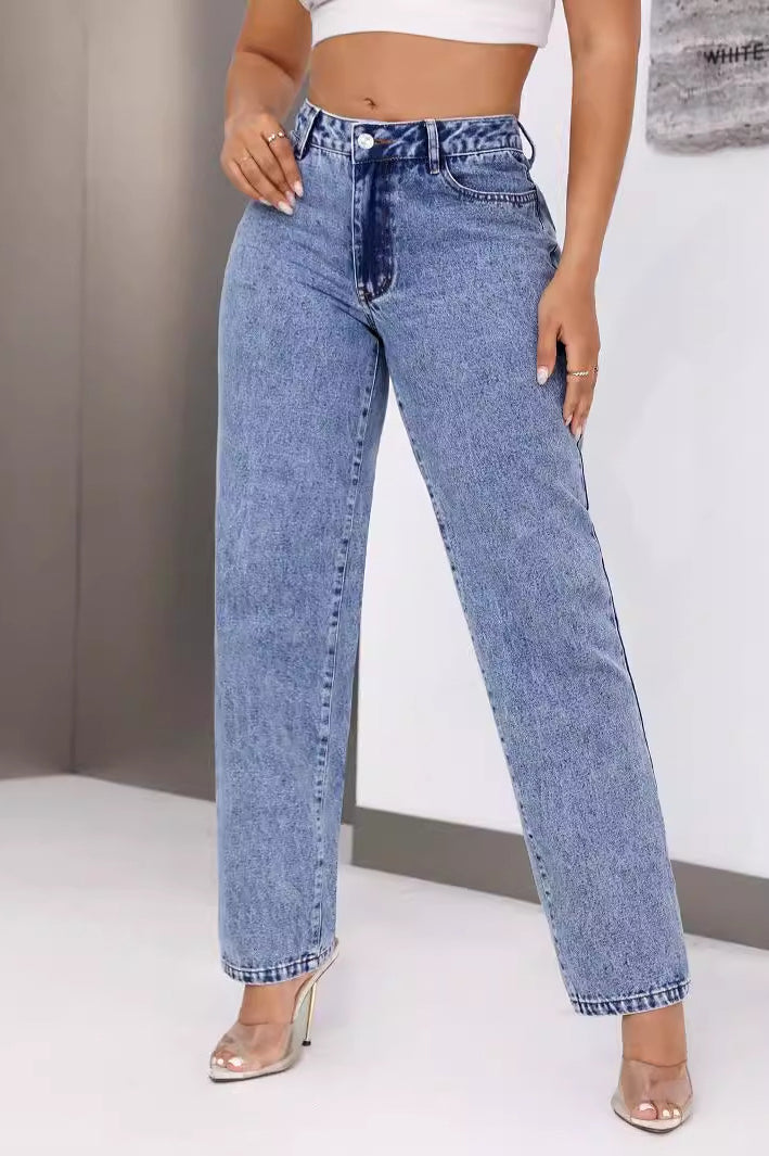 Light wash women retro high waist straight leg denim trousers for a stylish look