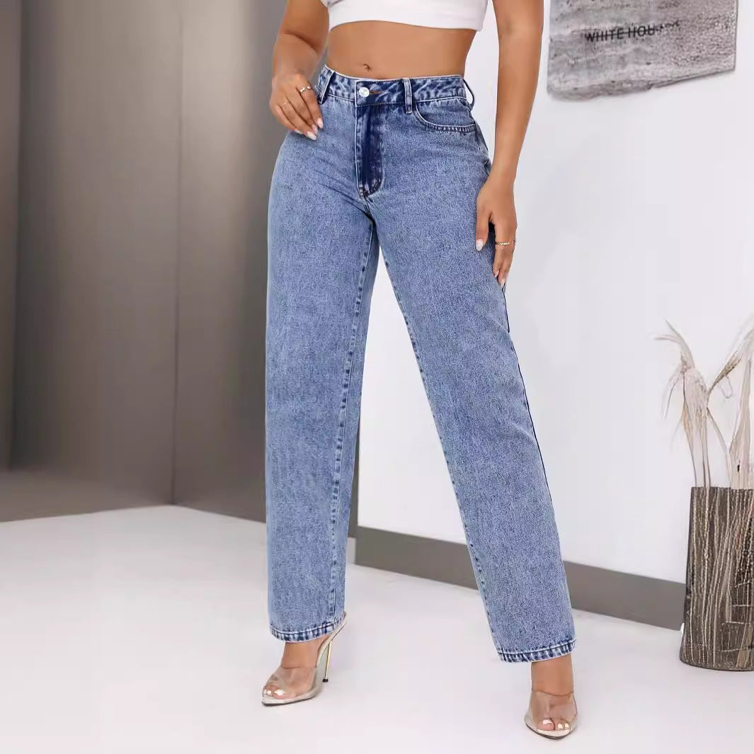 Light wash women retro high waist straight leg denim trousers for a stylish look