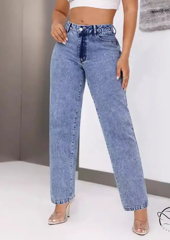 Women retro high waist straight leg denim trousers in light wash