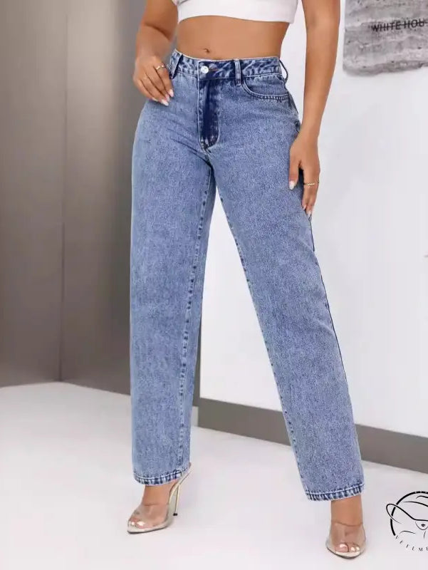Women retro high waist straight leg denim trousers in light wash