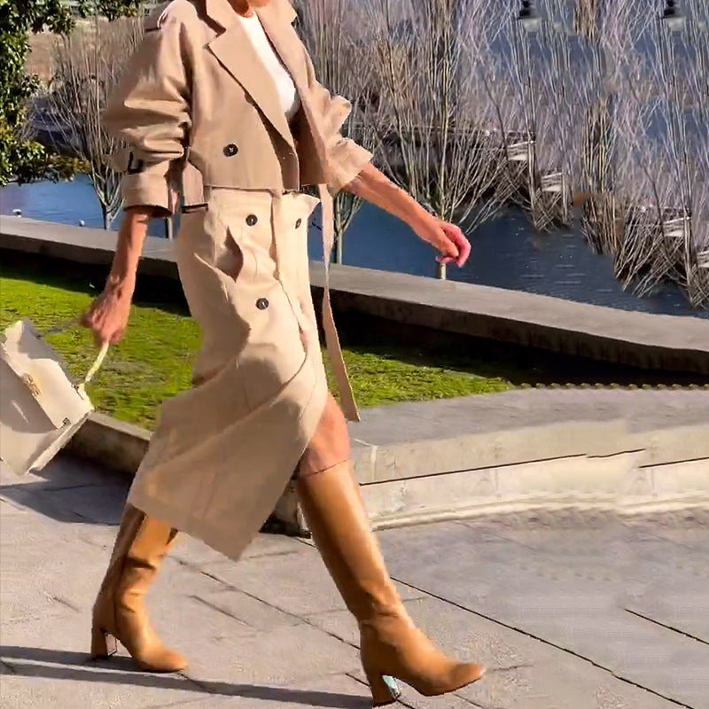 Elegant tan trench coat and boots ensemble from Ladies Suit Autumn Hard Casual fashion
