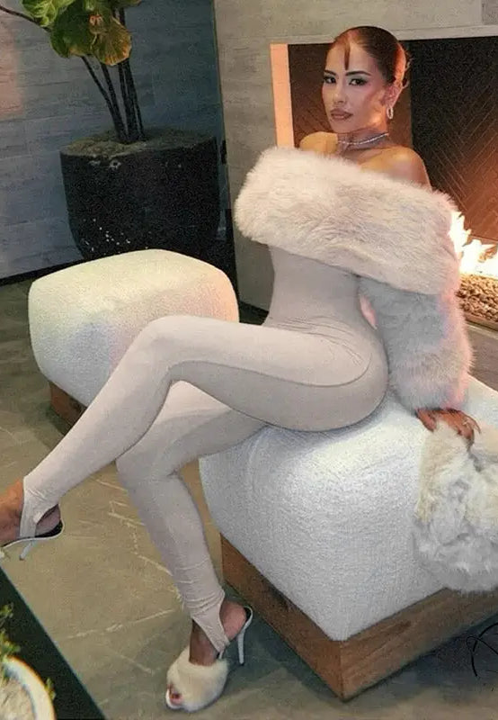 Langry white faux fur off-shoulder bodysuit with high-heeled slides
