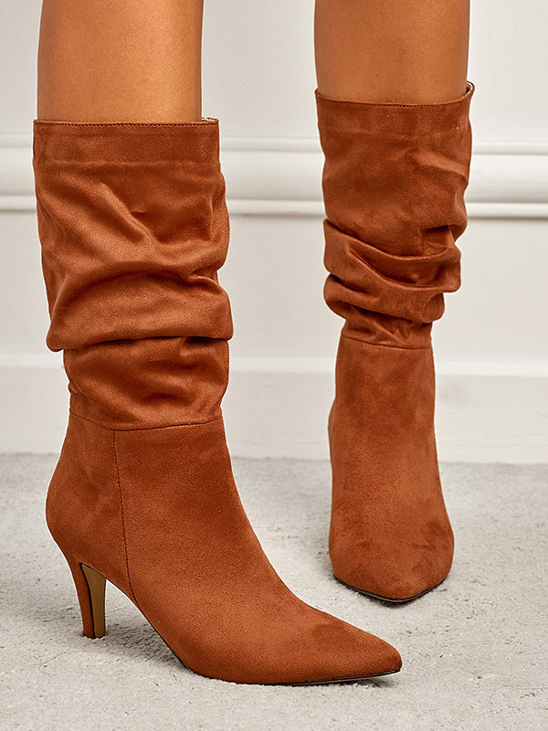 Spring Catwalk Wrinkled Surface Slip on Suede Stiletto Heel Women High Boots