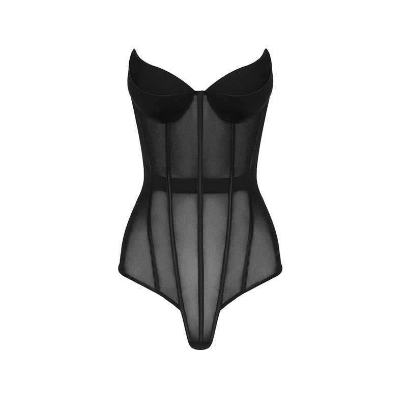 Black sheer mesh bodysuit with structured cups, featured in Enchanting Lace Boning Corset