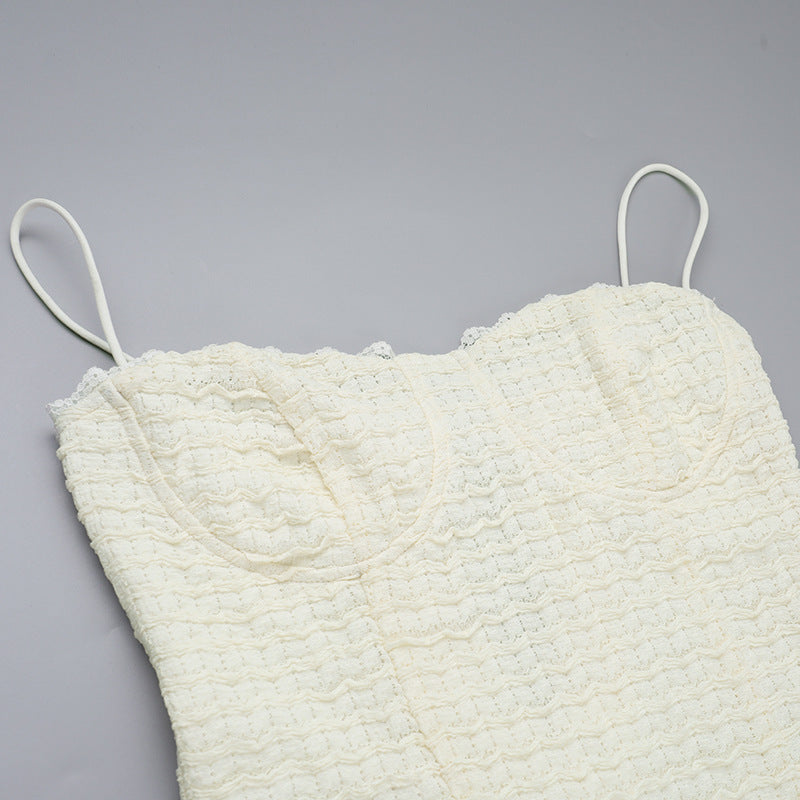 White textured corset top on Autumn Classic split dress showcasing elegant fashion design