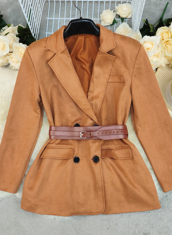 Langry fashion Autumn Winter suede long blazer in caramel with double-breasted belt detail