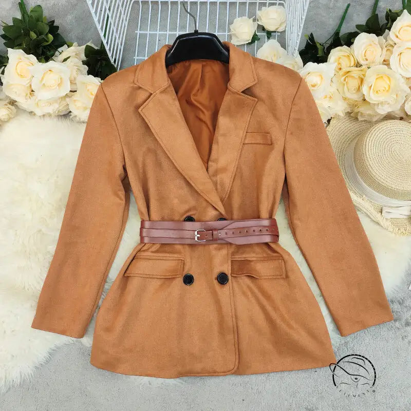 Autumn winter suede langry fashion blazer in caramel with belt