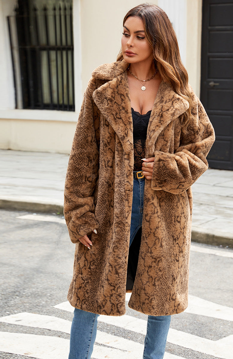 Cozy long brown faux fur coat with snakeskin pattern and wide collar