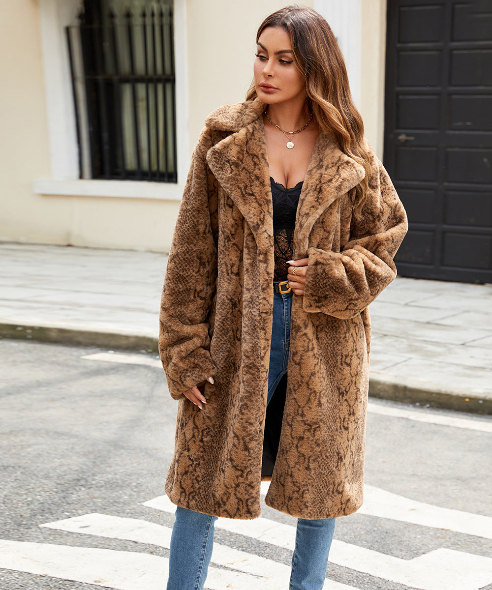 Cozy long brown faux fur coat with snakeskin pattern and wide collar