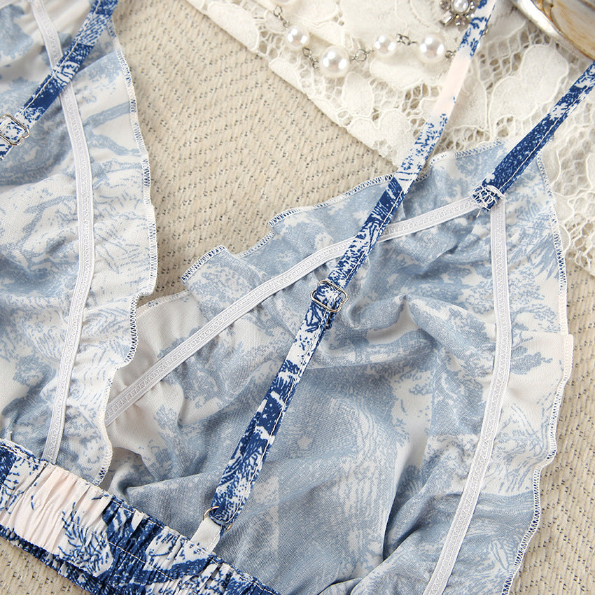 Blue and white patterned camisole with adjustable straps, perfect for stylish home wear