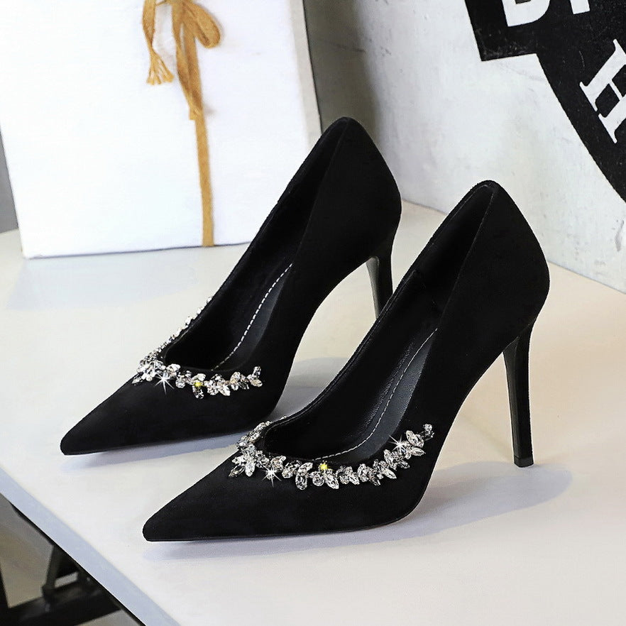 Langry fashion black suede stiletto heels with rhinestones