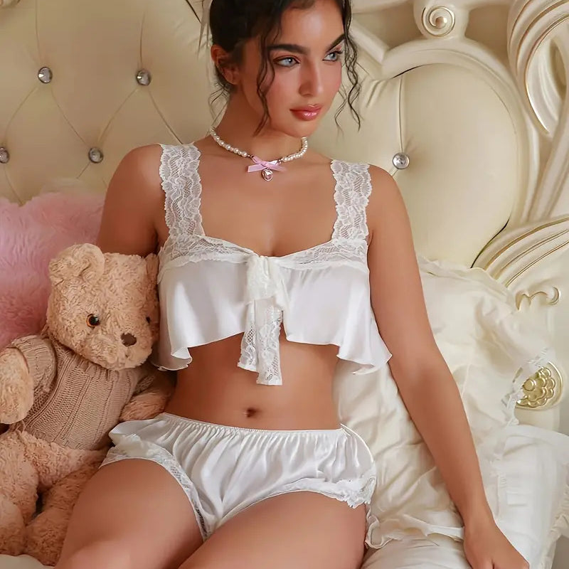 White lace-trimmed crop top and shorts loungewear set from Seductive Lingerie Set fashion