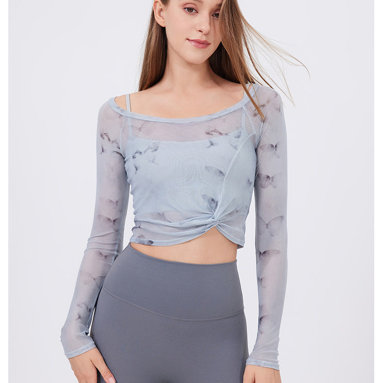 Floral Butterfly Faux Two Piece Sports t Shirt Women Long Sleeve with Chest Pad Yoga Clothes Mesh Top Quick Drying